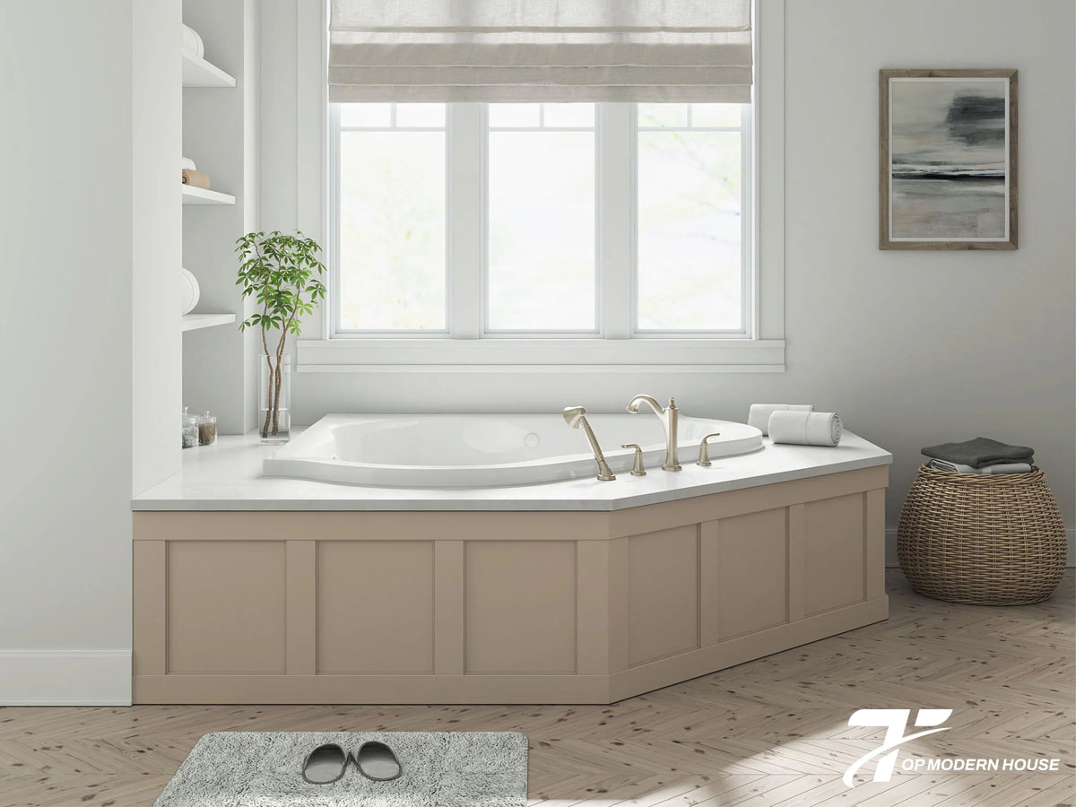 Bồn tắm góc là loại bồn thiết kế theo dạng tam giác hoặc vòng cung, lắp ở góc phòng giúp tiết kiệm diện tích và tối ưu không gian.