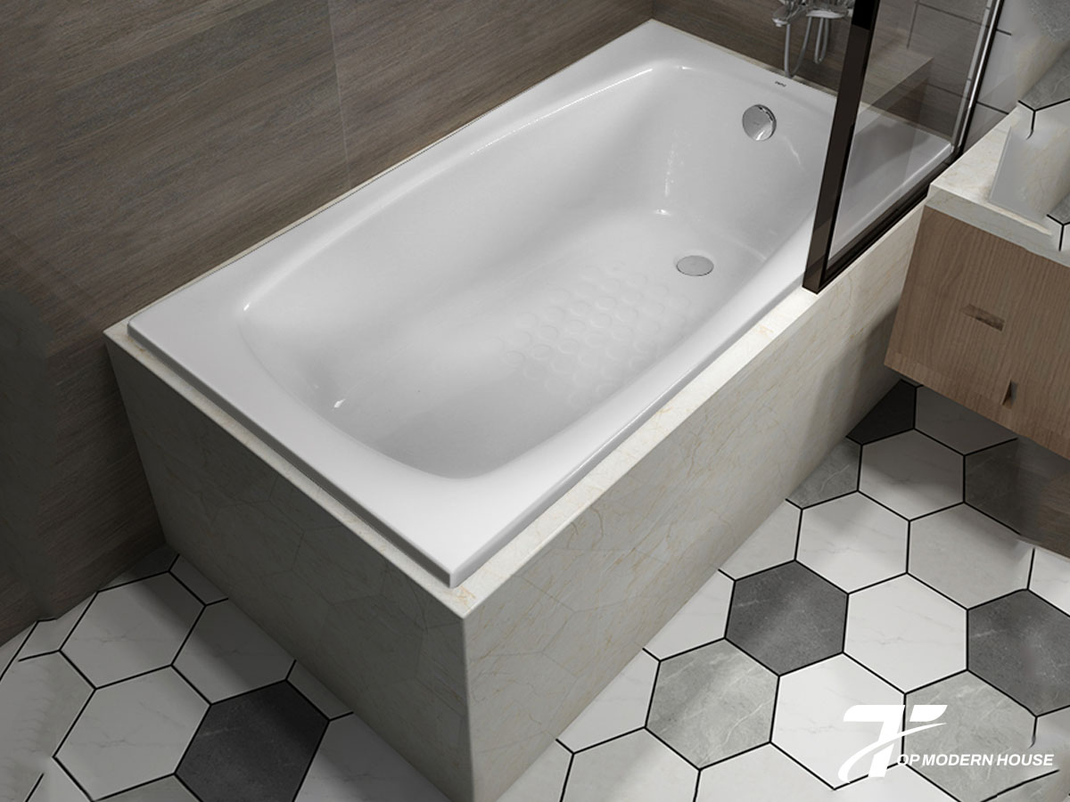 Lắp đặt bồn tắm xây bằng cách xây khung gạch theo kích thước bồn, chừa khoảng trống kỹ thuật, lắp đặt đường ống cấp thoát và ốp gạch hoàn thiện bên ngoài.