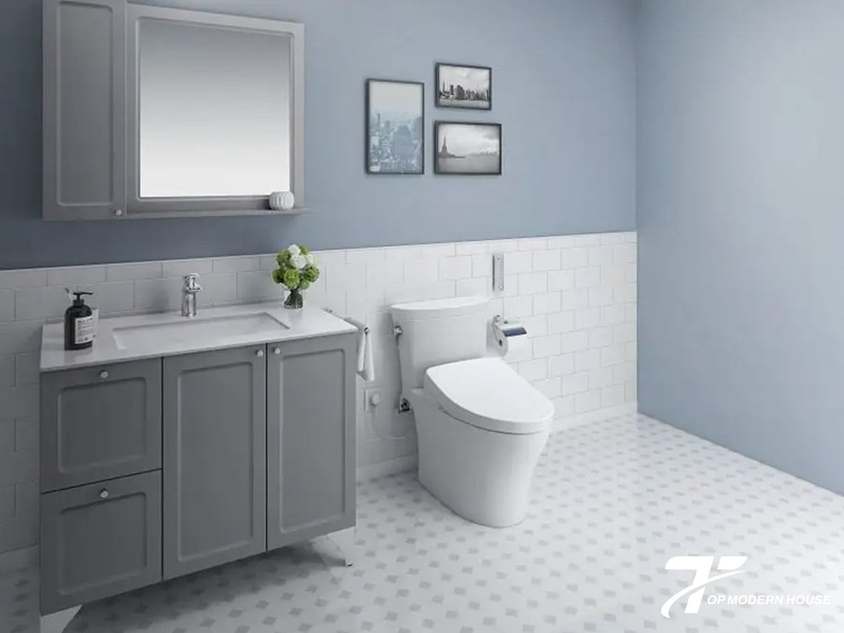 Chậu rửa mặt bằng đá âm được lắp đặt cùng với tủ chứa đồ tiện lợi.