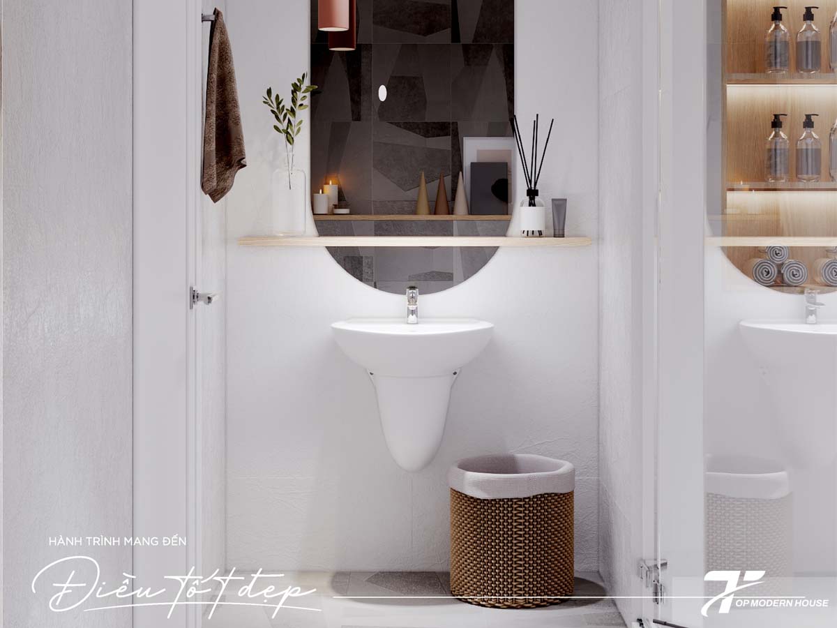 Chậu rửa mặt treo tường giúp tiết kiệm không gian, phù hợp với phòng tắm nhỏ và dễ dàng vệ sinh bên dưới.