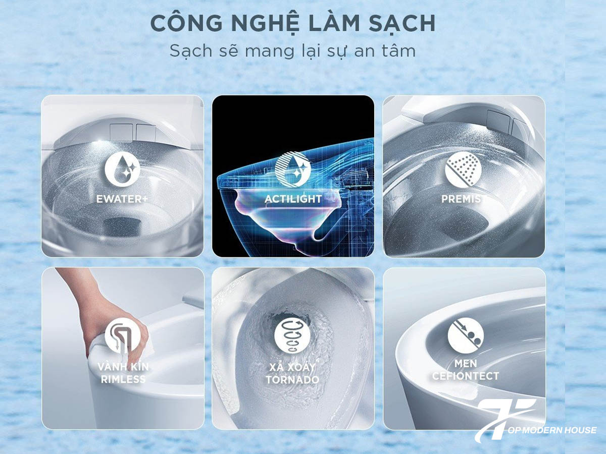Bồn cầu thông minh TOTO ứng dụng công nghệ làm sạch chuyên sâu với tia nước êm ái, Ewater+ khử trùng và men sứ CEFIONTECT chống bám bẩn.