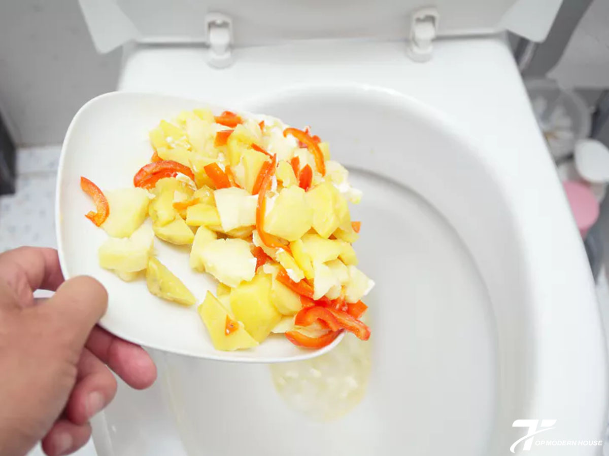 Đổ thức ăn thừa vào bồn cầu có thể gây bám cặn và ố vàng bên trong bề mặt bồn cầu.