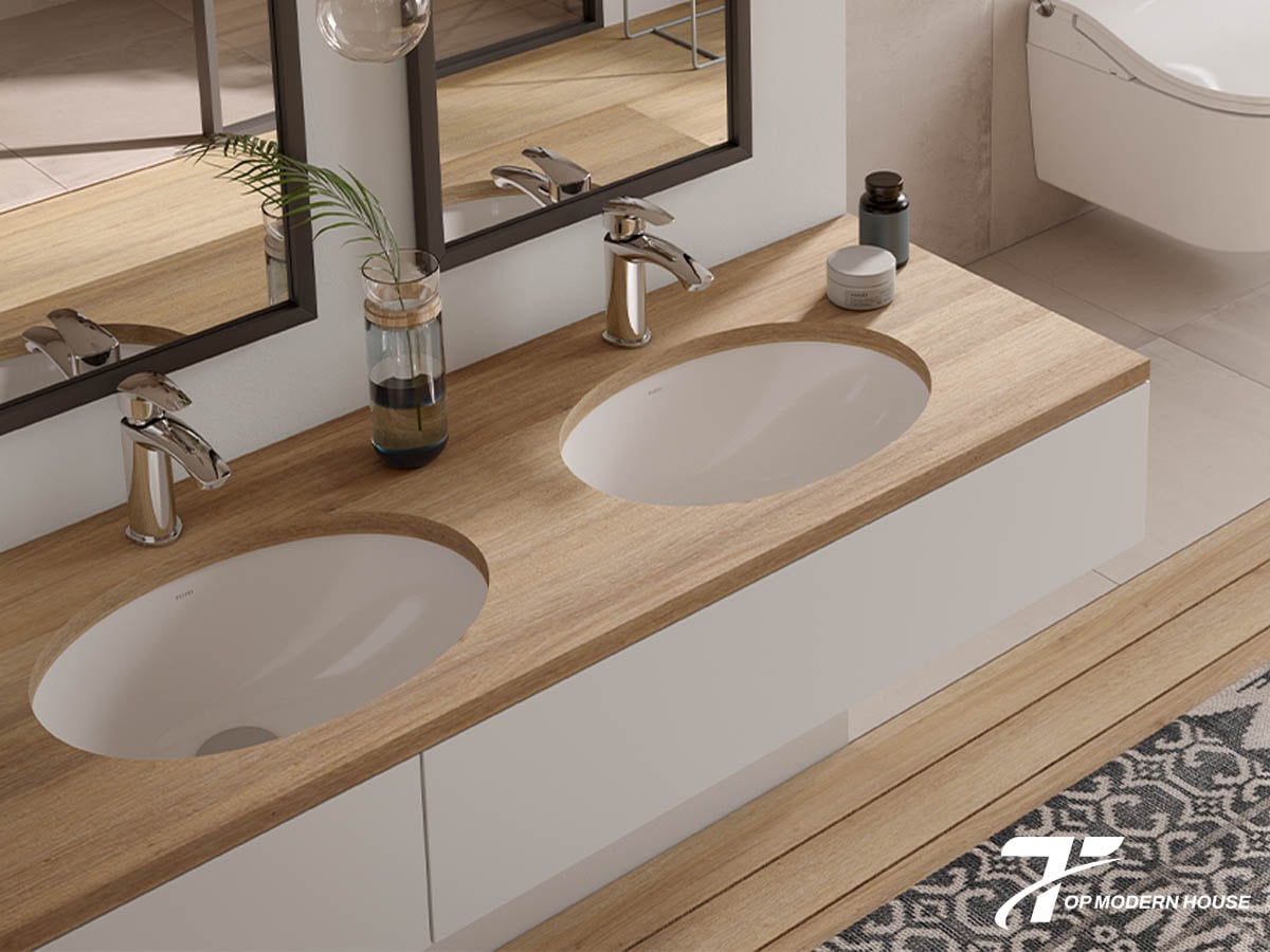 Chậu âm bàn có thiết kế hình elip lòng chậu sâu rộng, lý tưởng cho phòng tắm sang trọng.