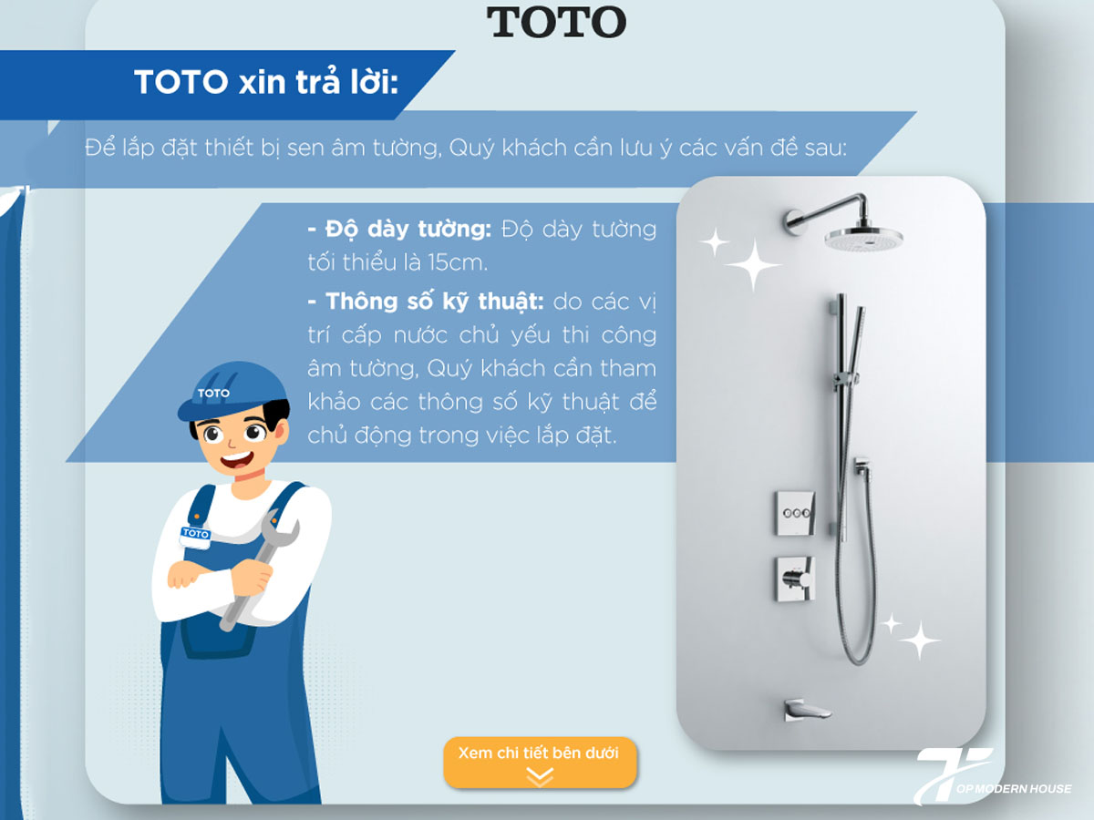 Khi lắp đặt sen âm tường TOTO, cần lưu ý chính xác vị trí âm hộp kỹ thuật và đi đường ống nước trước khi ốp gạch để đảm bảo lắp đặt đúng chuẩn và thẩm mỹ.