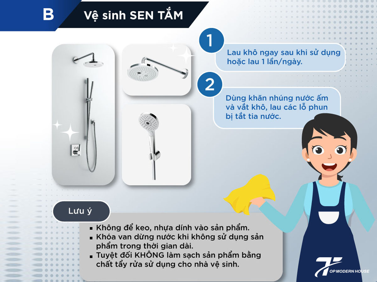 Thường xuyên vệ sinh đầu vòi sen bằng cách ngâm giấm loãng để loại bỏ cặn bẩn và kiểm tra ron cao su, tránh rò rỉ nước, giúp duy trì hiệu suất và kéo dài tuổi thọ.