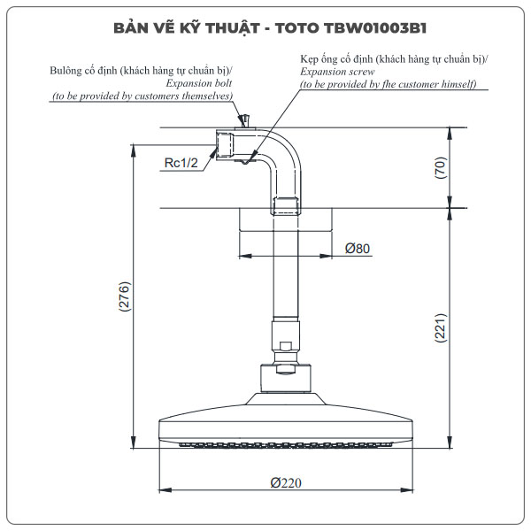 Thông số kỹ thuật bát sen gắn trần TOTO TBW01003B1