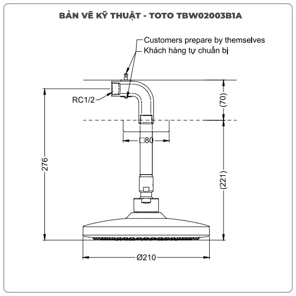 Thông số kỹ thuật bát sen gắn trần TOTO TBW02003B1A