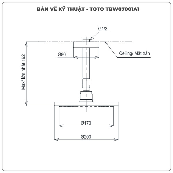 Thông số kỹ thuật bát sen gắn trần TOTO TBW07001A1