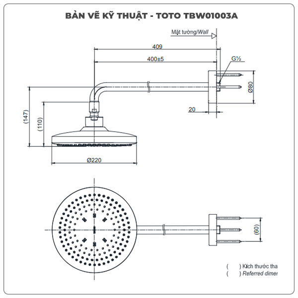 Thông số kỹ thuật bát sen gắn tường TOTO TBW01003A