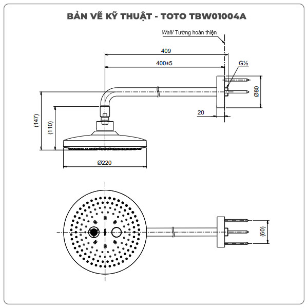 Thông số kỹ thuật bát sen gắn tường TOTO TBW01004A