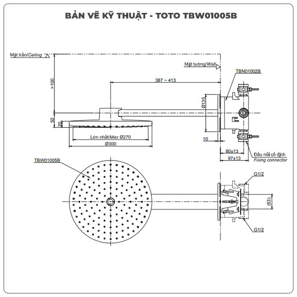 Thông số kỹ thuật bát sen gắn trần TOTO TBW01005B