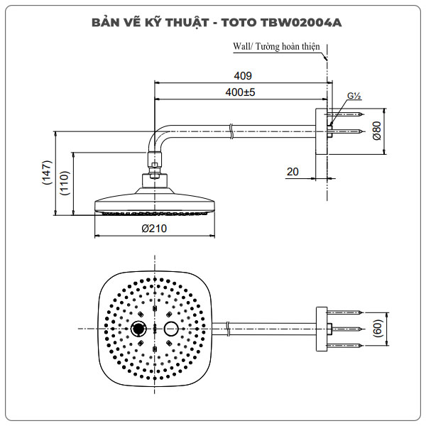 Thông số kỹ thuật bát sen gắn tường TOTO TBW02004A