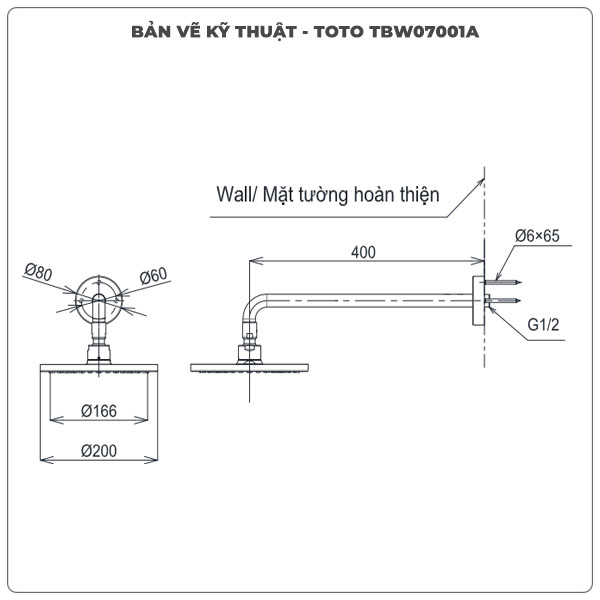 Thông số kỹ thuật bát sen gắn tường TOTO TBW07001A