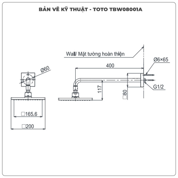 Thông số kỹ thuật bát sen gắn tường TOTO TBW08001A