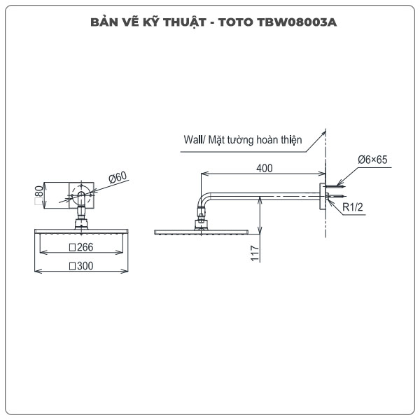 Thông số kỹ thuật bát sen gắn tường TOTO TBW08003A