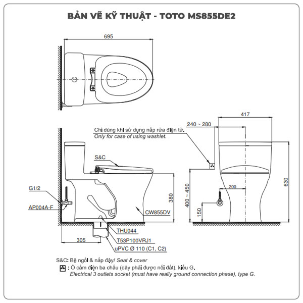 Ảnh thông số kỹ thuật bồn cầu nắp rửa cơ TOTO MS855DE2