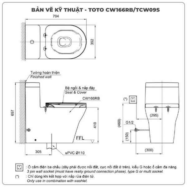 Thông số kỹ thuật bồn cầu nắp rửa cơ TOTO CW166RB/TCW09S