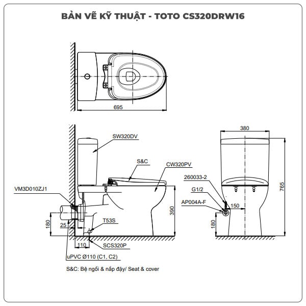 Thông số kỹ thuật bồn cầu nắp rửa điện tử TOTO CS320DRW16