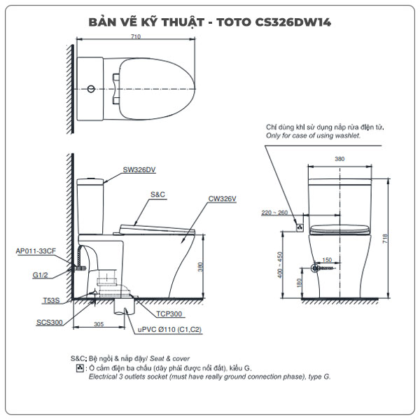 Thông số kỹ thuật bồn cầu nắp rửa điện tử TOTO CS326DW14
