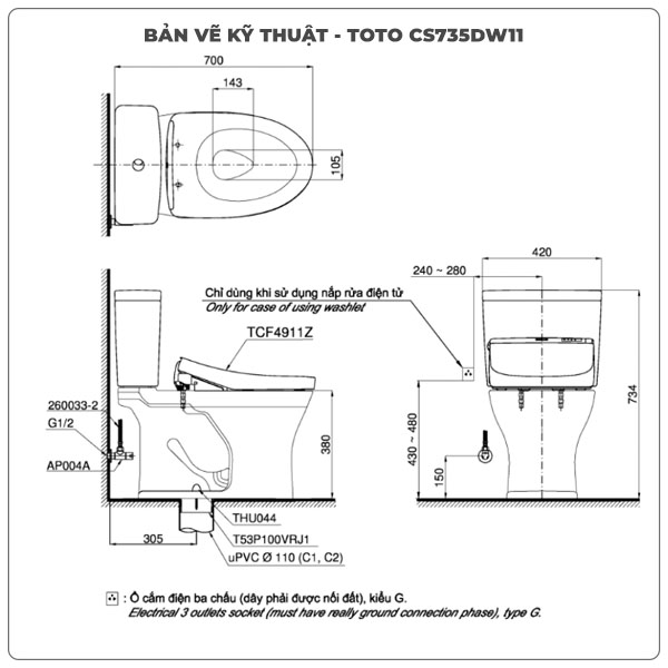 Thông số kỹ thuật bồn cầu thông minh TOTO CS735DW11