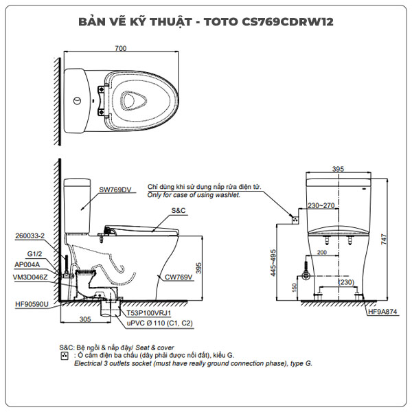 Thông số kỹ thuật bồn cầu 2 khối nắp rửa điện tử TOTO CS769CDRW12