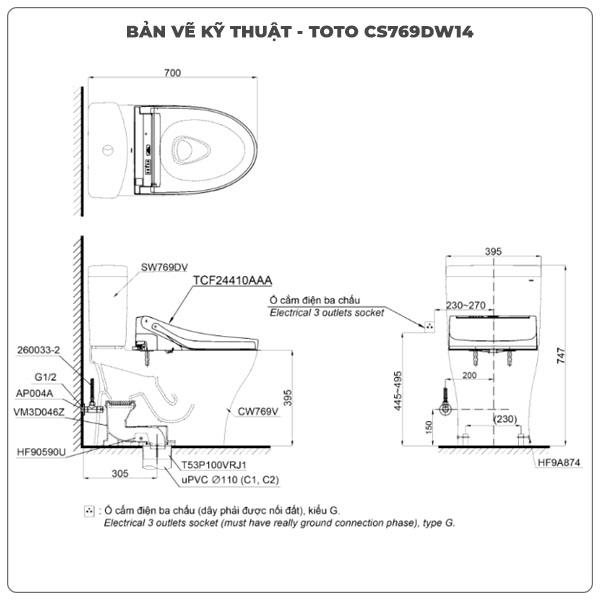 Thông số kỹ thuật bồn cầu 2 khối nắp rửa điện tử TOTO CS769DRW14