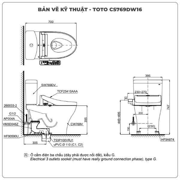 Thông số kỹ thuật bồn cầu 2 khối nắp rửa điện tử TOTO CS769DRW16
