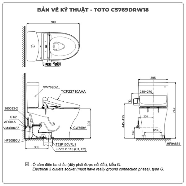 Thông số kỹ thuật bồn cầu 2 khối nắp rửa điện tử TOTO CS769DRW18