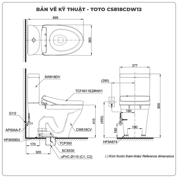 Thông số kỹ thuật bồn cầu nắp rửa điện tử TOTO CS818CDW12
