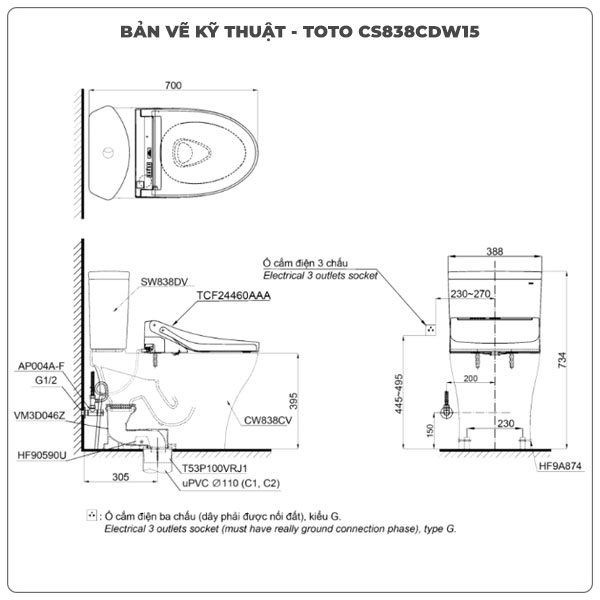 Thông số kỹ thuật bồn cầu 2 khối nắp rửa điện tử TOTO CS838CDW15