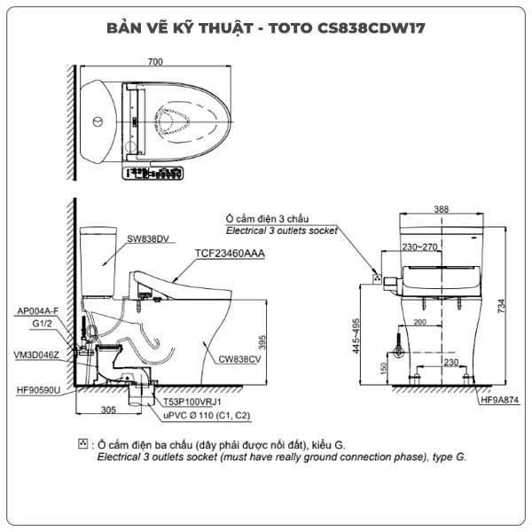 Thông số kỹ thuật bồn cầu 2 khối nắp rửa điện tử TOTO CS838CDW17