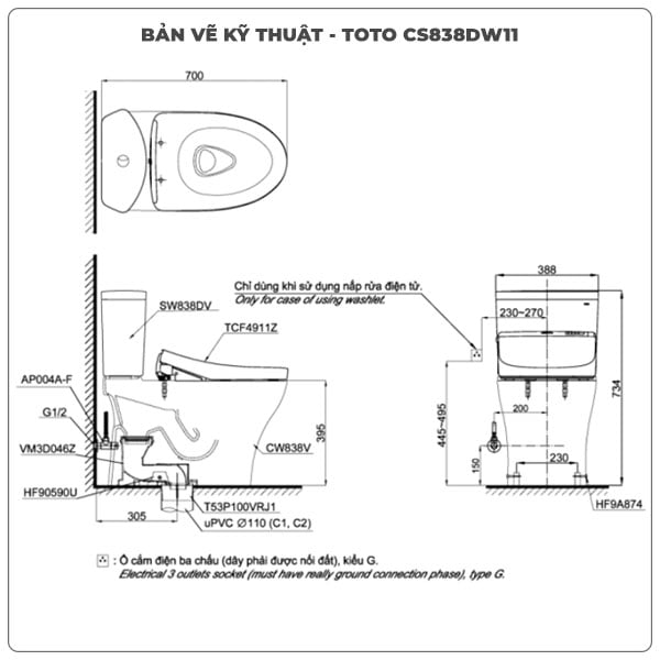 Thông số kỹ thuật bồn cầu 2 khối nắp rửa điện tử TOTO CS838DW11