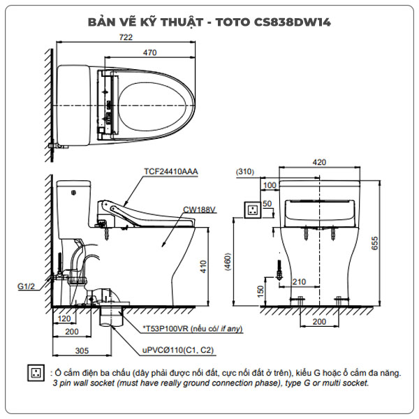 Thông số kỹ thuật bồn cầu 2 khối nắp rửa điện tử TOTO CS838DW14