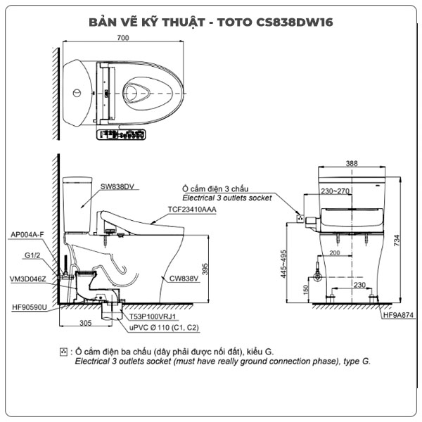 Thông số kỹ thuật bồn cầu 2 khối nắp rửa điện tử TOTO CS838DW16
