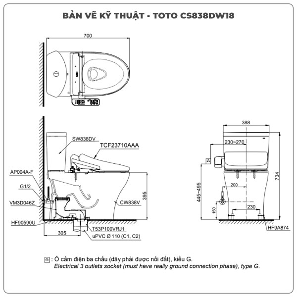 Thông số kỹ thuật bồn cầu 2 khối nắp rửa điện tử TOTO CS838DW18