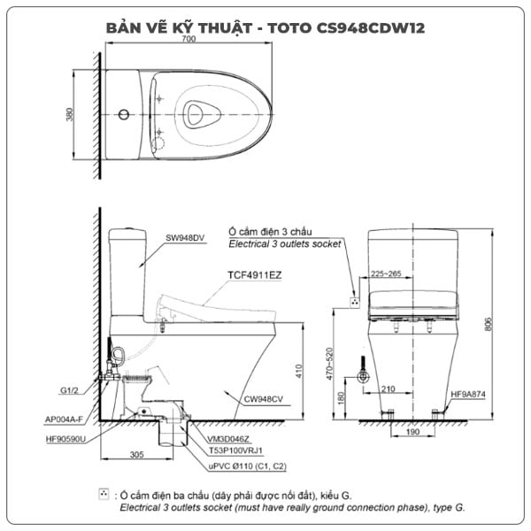 Thông số kỹ thuật bồn cầu thông minh TOTO CS948CDW12