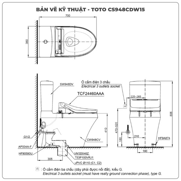 Thông số kỹ thuật bồn cầu thông minh TOTO CS948CDW15