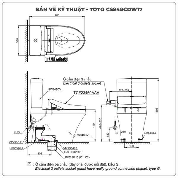 Thông số kỹ thuật bồn cầu thông minh TOTO CS948CDW17