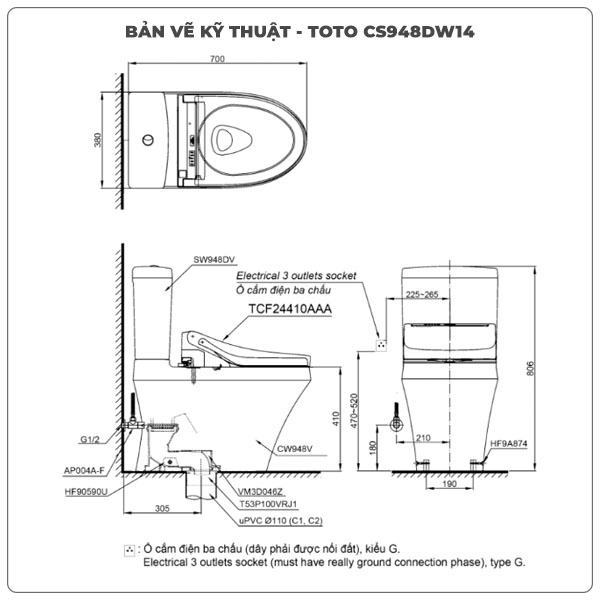 Thông số kỹ thuật bồn cầu thông minh TOTO CS948DW14