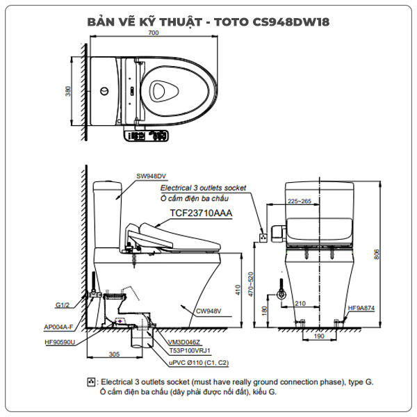Thông số kỹ thuật bồn cầu thông minh TOTO CS948DW18