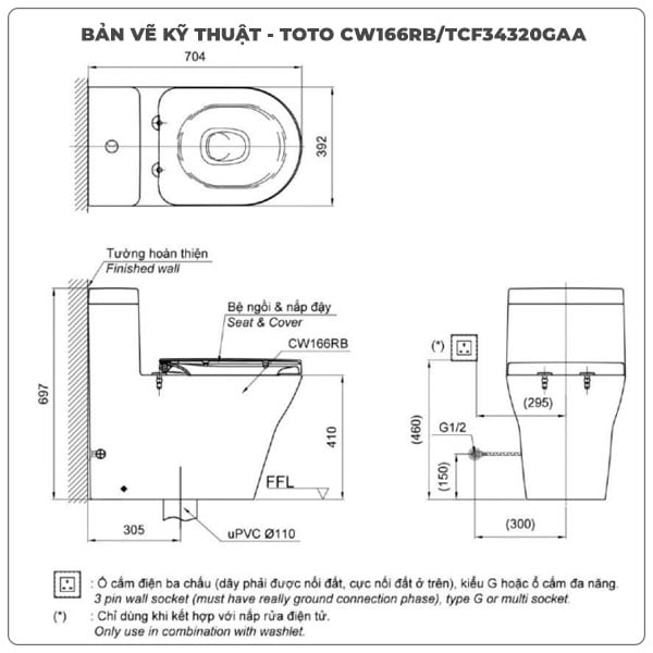 Thông số kỹ thuật bồn cầu thông minh TOTO CW166RB/TCF34320GAA