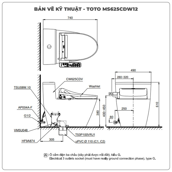 Ảnh thông số kỹ thuật bồn cầu nắp rửa điện tử TOTO MS625CDW12