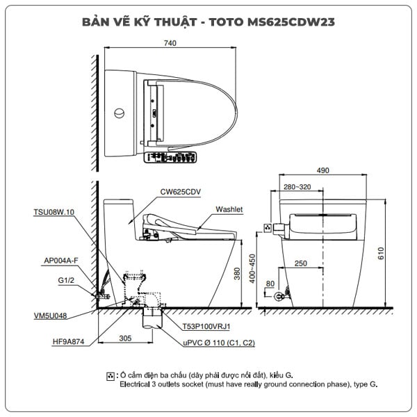 Ảnh thông số kỹ thuật bồn cầu nắp rửa điện tử TOTO MS625CDW23