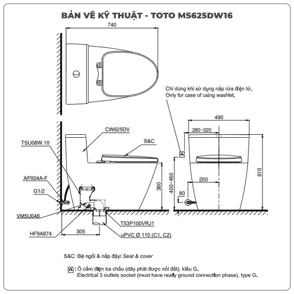 Ảnh thông số kỹ thuật bồn cầu nắp rửa điện tử TOTO MS625DW16
