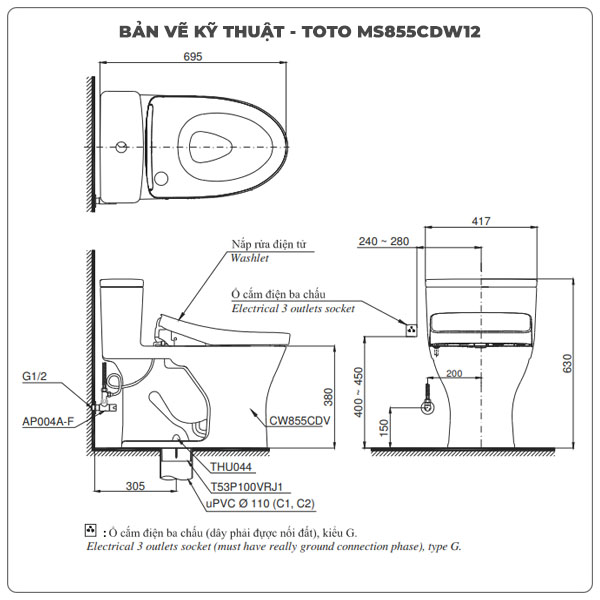Ảnh thông số kỹ thuật bồn cầu nắp rửa điện tử TOTO MS855CDW12