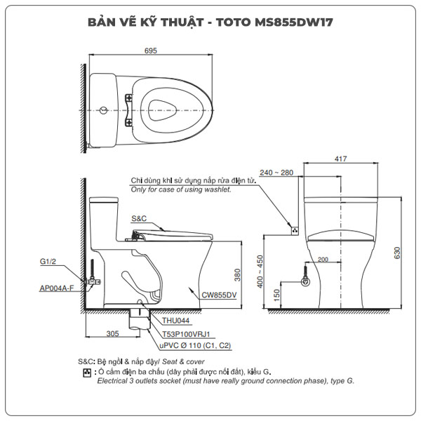 Ảnh thông số kỹ thuật bồn cầu nắp rửa điện tử TOTO MS855CDW17