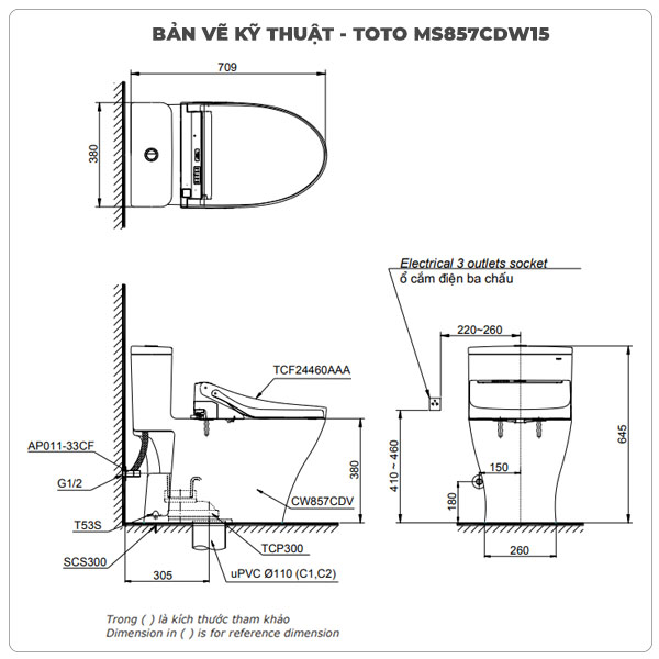 thông số kỹ thuật bồn cầu nắp điện tử TOTO MS857CDW15