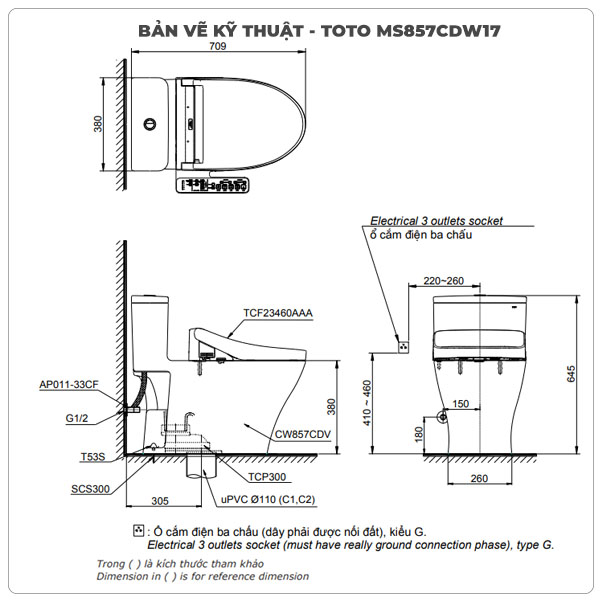 thông số kỹ thuật bồn cầu nắp điện tử TOTO MS857CDW17