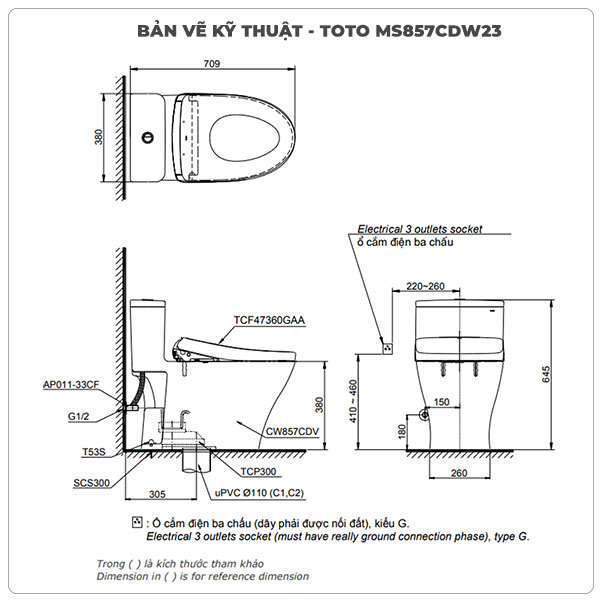 thông số kỹ thuật bồn cầu nắp điện tử TOTO MS857CDW23