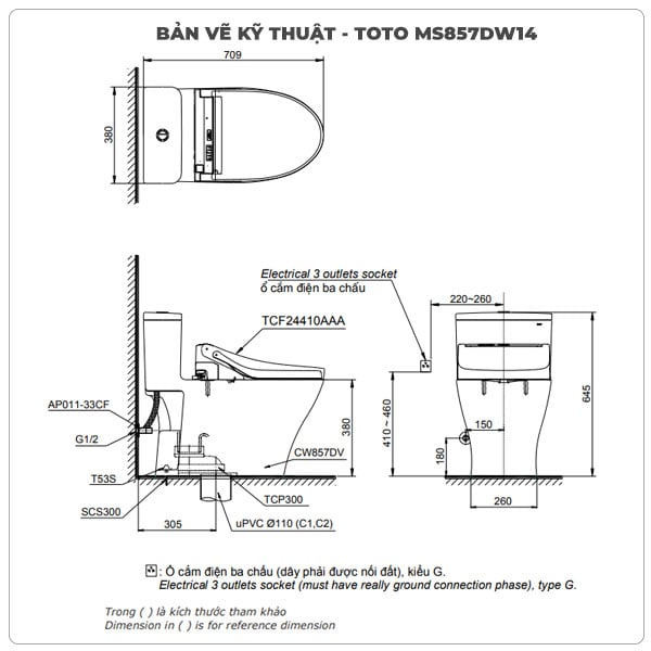 thông số kỹ thuật bồn cầu nắp điện tử TOTO MS857DW14